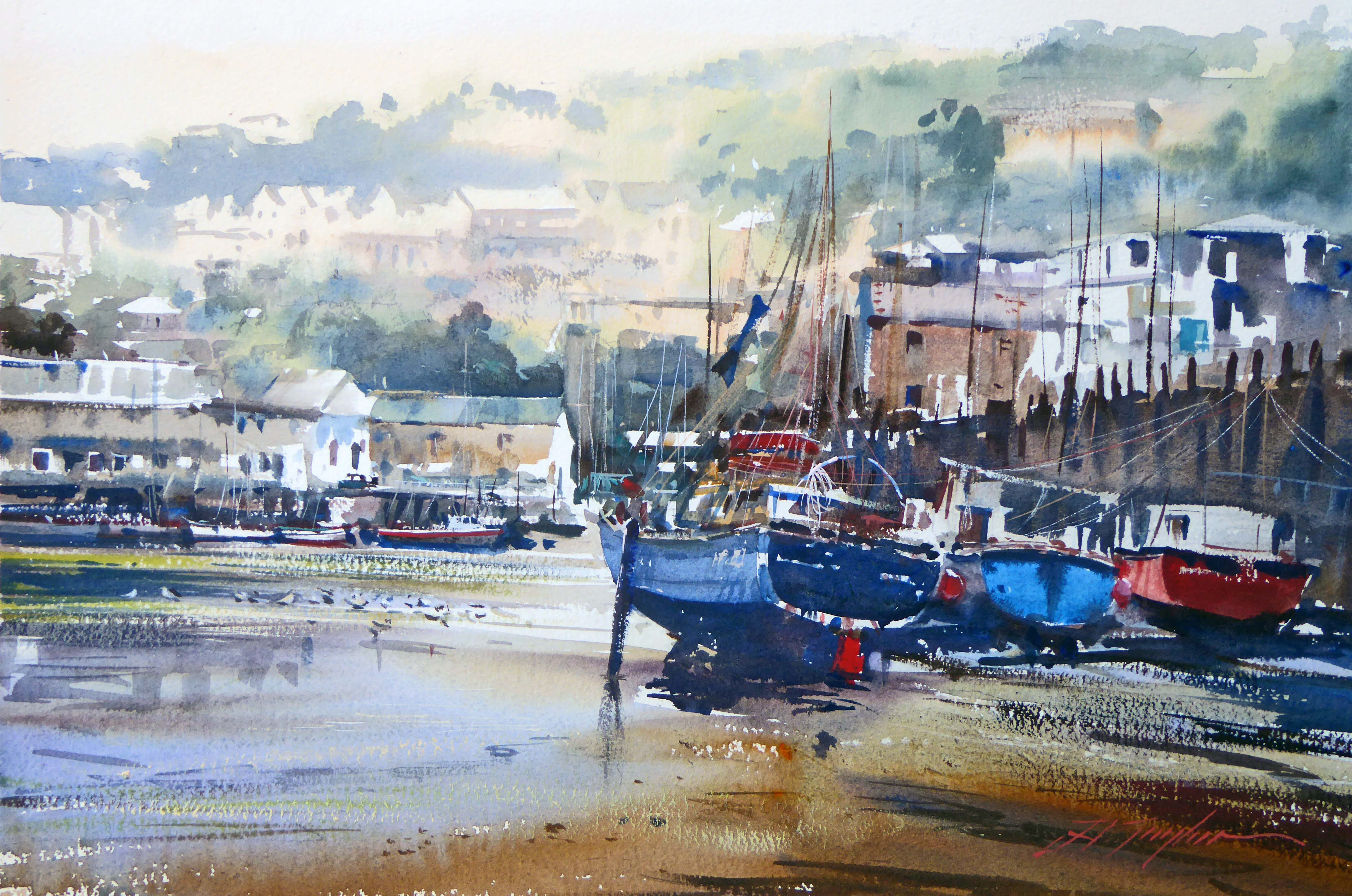 Wating The Tide Looe  U K by David Taylor  A .W.I .F.V.A.S sze 54 cmx 35 cm Watercolor