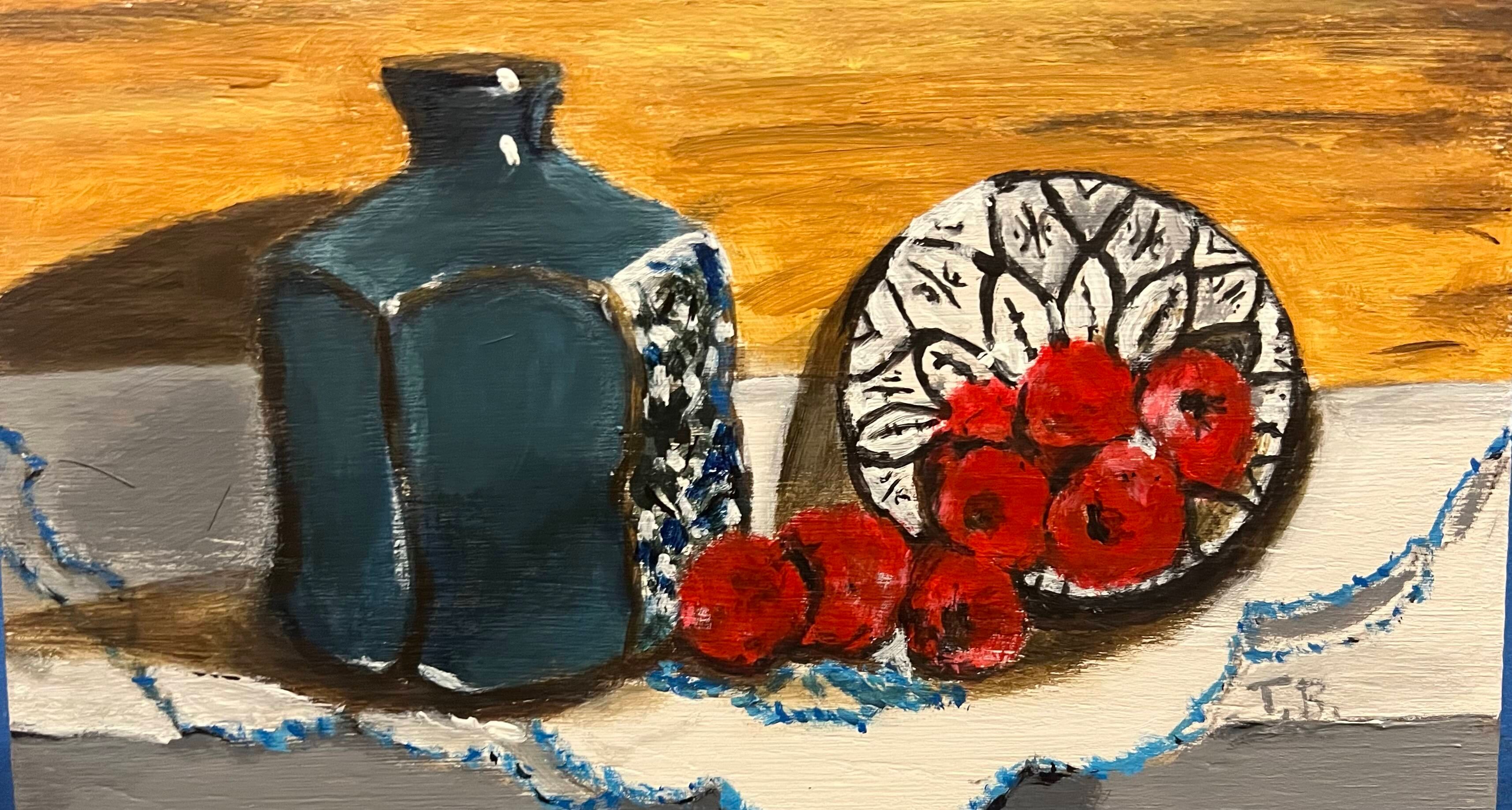 Raspberries and Blue Vase