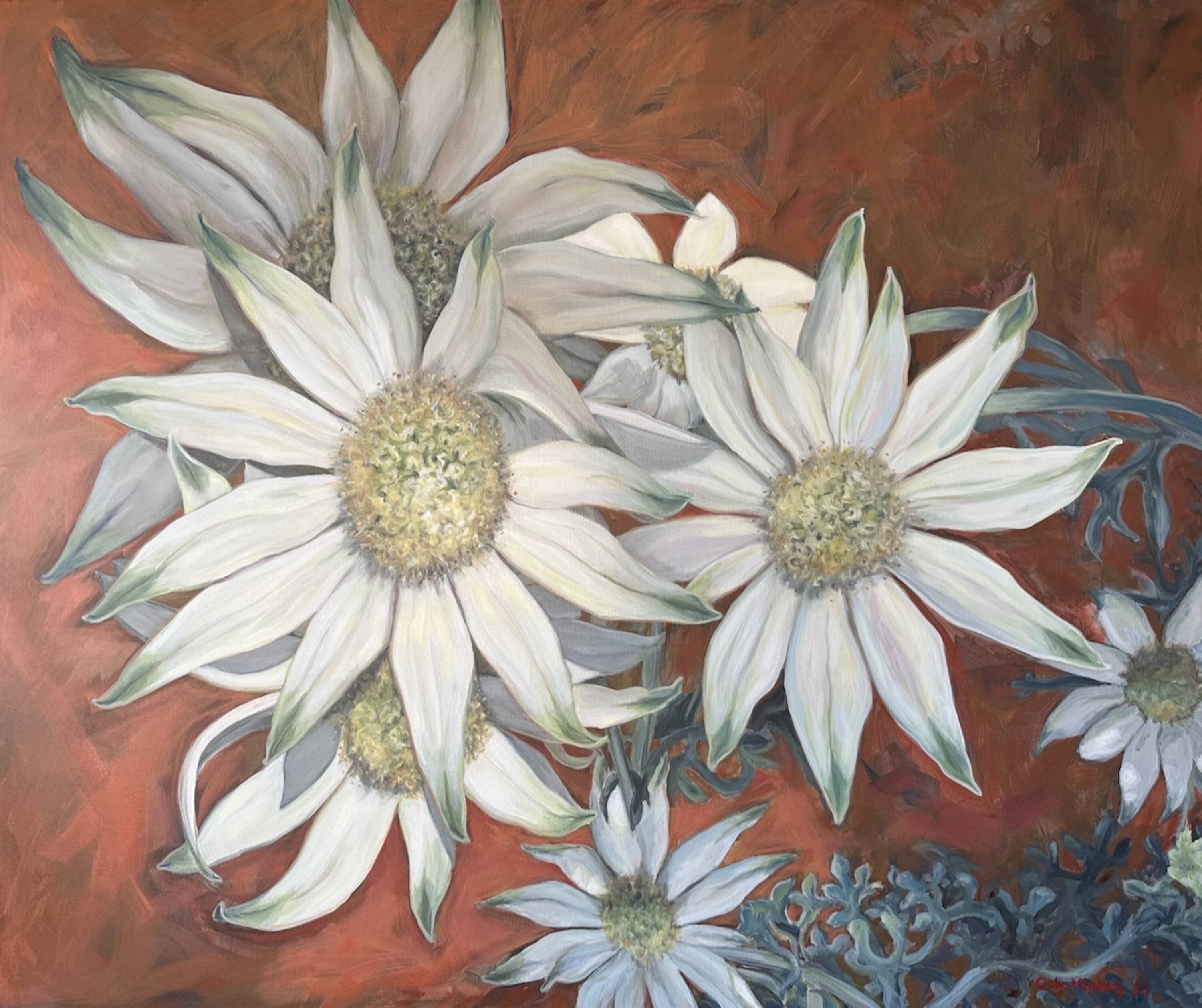 Flannel Flowers Through the Shadows 2023 Acrylic on thick edge canvas 91.4 x 76.2 cm Image courtesy 