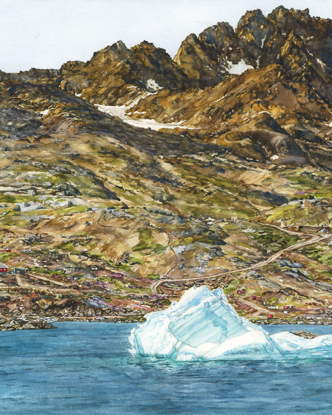 ​​Iceberg departing Tasiilaq with visible roads 2021 46 x 61cm Watercolour